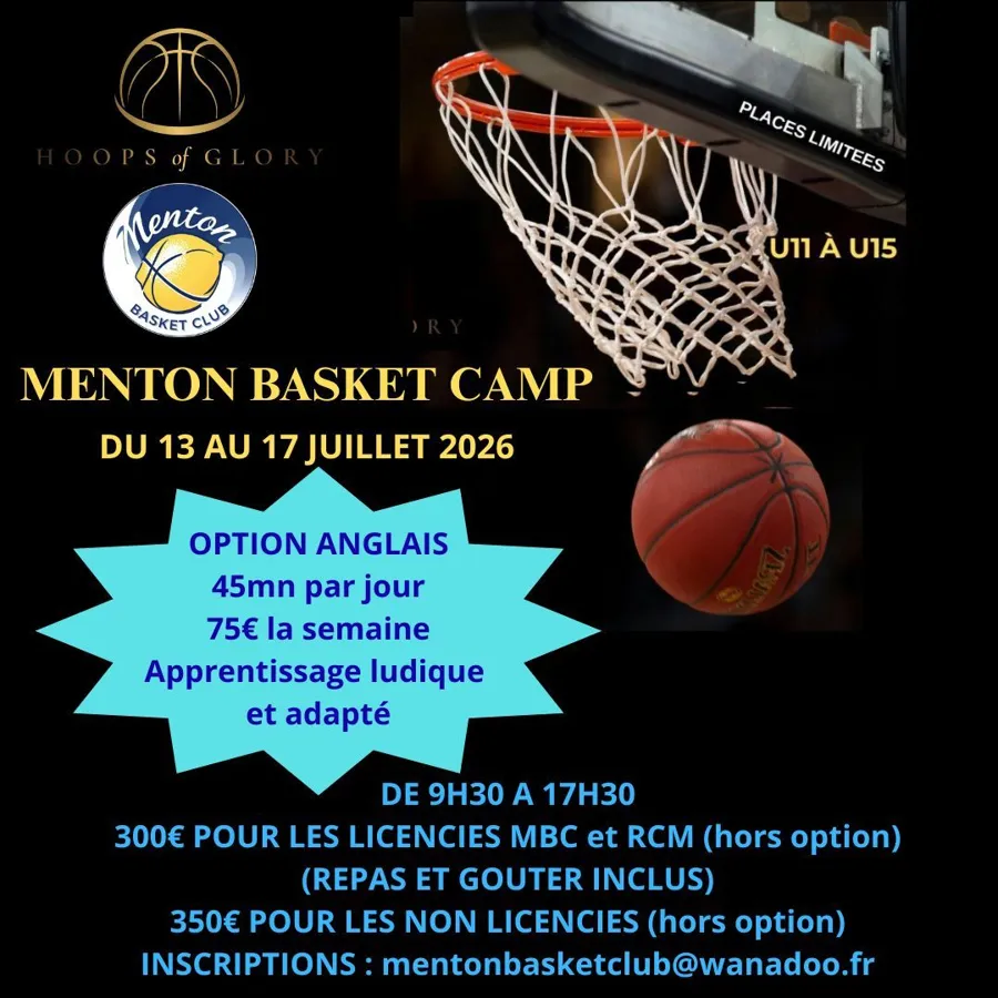 Affiche du Menton Basket Camp U11 à U15, du 13 au 17 juillet 2026