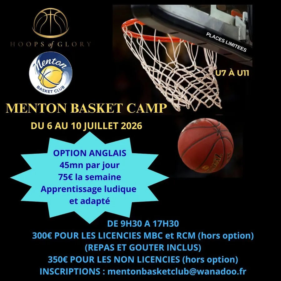 Affiche du Menton Basket Camp U7 à U11, du 6 au 10 juillet 2026